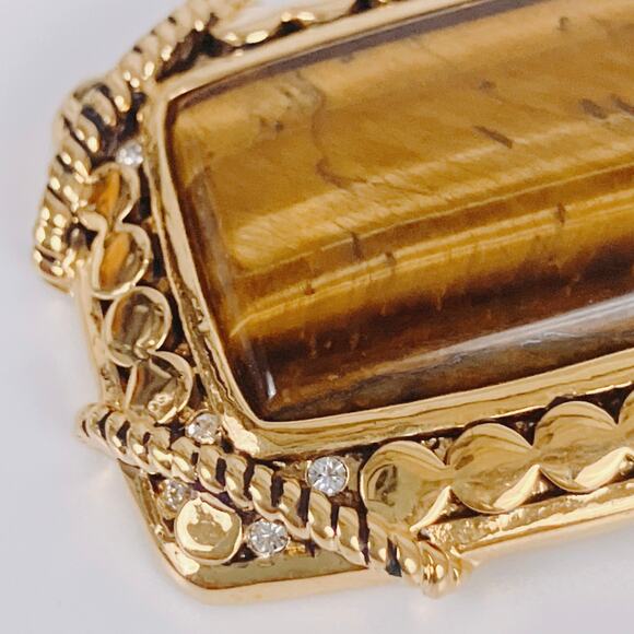 Signed Joan Rivers Tiger Eye Hinged Bail Pendant Gold Tone Necklace 33" Vintage - Picture 7 of 14